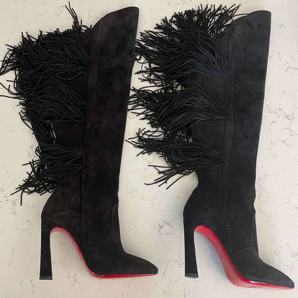 Christian Louboutin Black Suede Fringe Over Knee High Heel Boots (36 1/2)